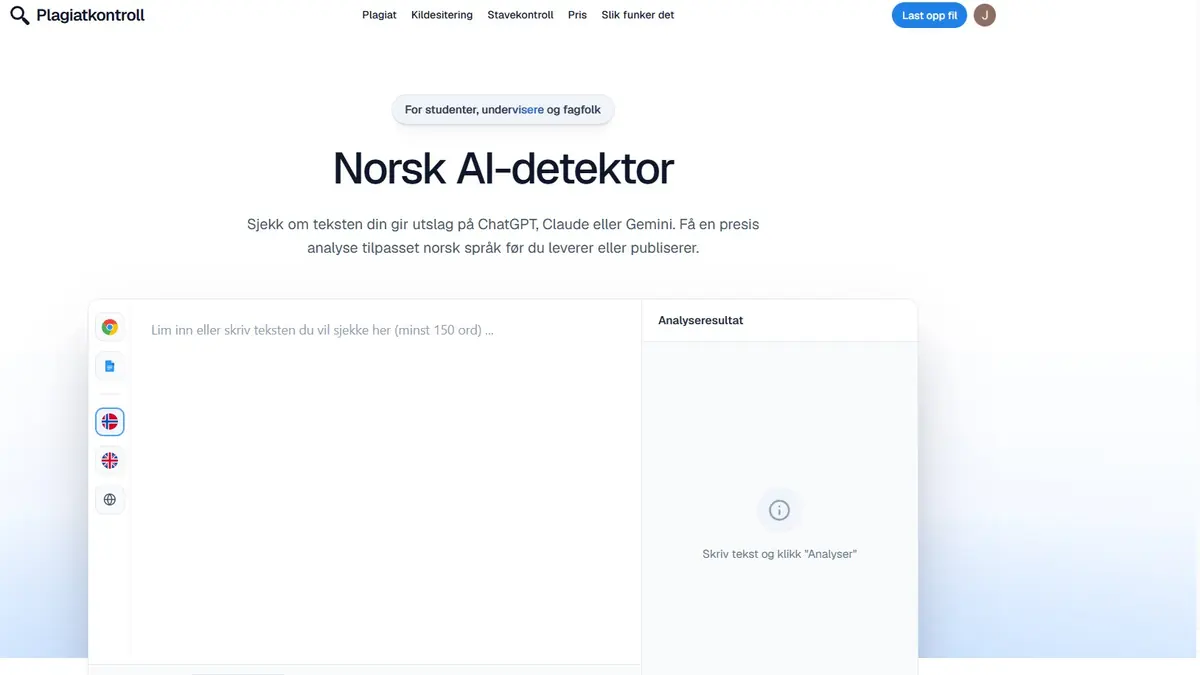 Plagiatkontrolls side for norsk AI-detektor
