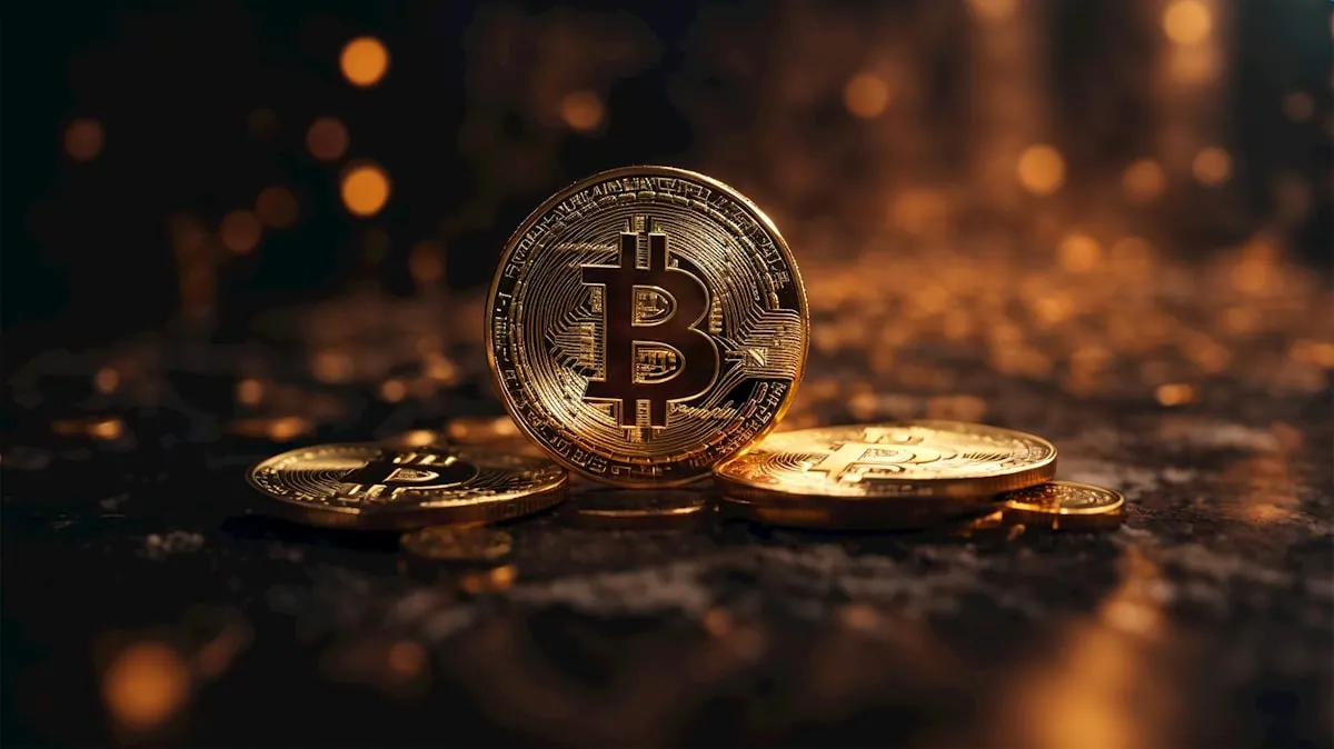Bitcoin-mynt på en mørk flate på en rolig bakgrunn